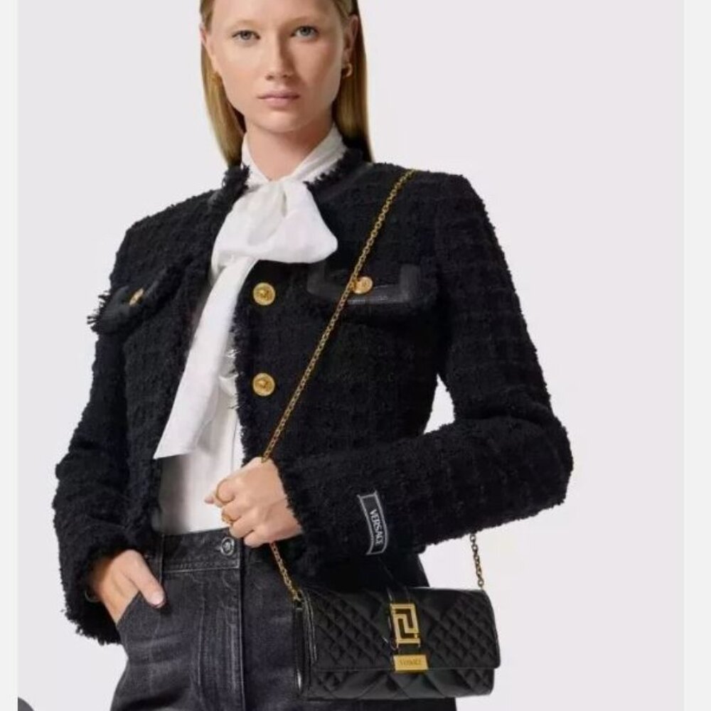 Versace Greca Goddess Mini Quilted Patent Leather Crossbody / Clutch Black - Picture 2 of 13